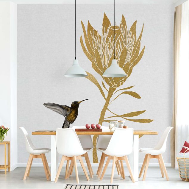 Floral wallpaper Hummingbird And Tropical Golden Blossom