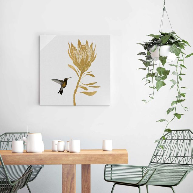 Glass prints flower Hummingbird And Tropical Golden Blossom