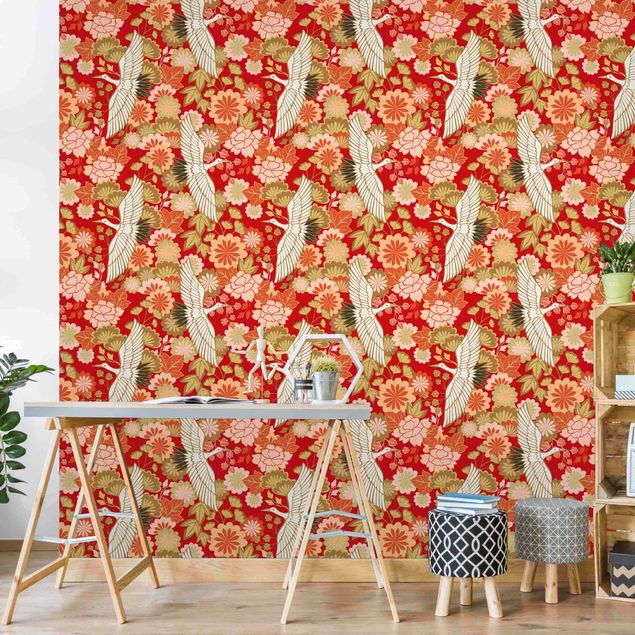 Wallpapers flower Cranes And Chrysanthemums Red