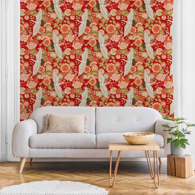 Wallpapers birds Cranes And Chrysanthemums Red