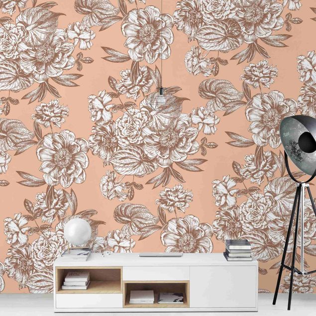 Aesthetic vintage wallpaper Copper Engraving Flower Bouquet