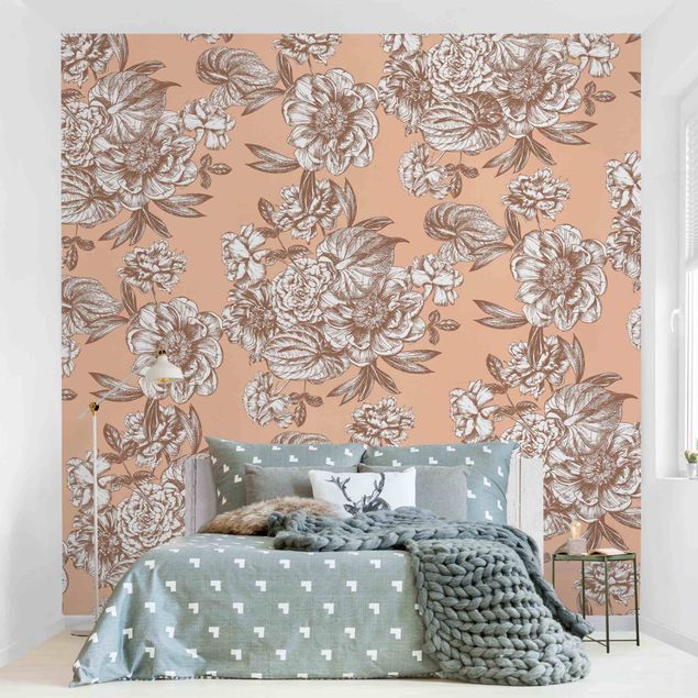 Modern wallpaper designs Copper Engraving Flower Bouquet