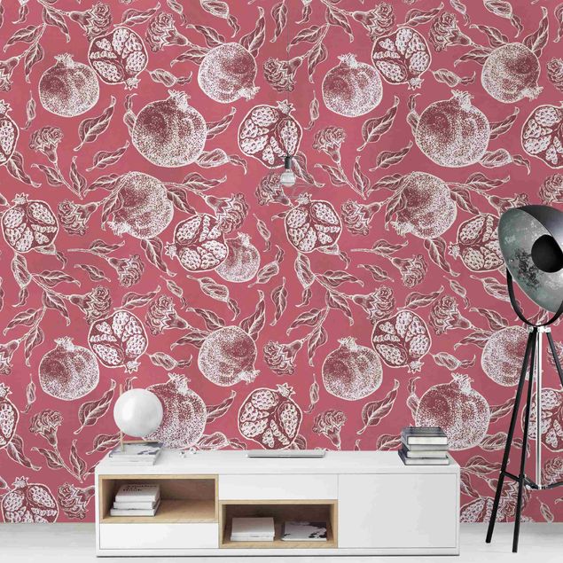 Vintage aesthetic wallpaper Copper Engraving Pomegranates