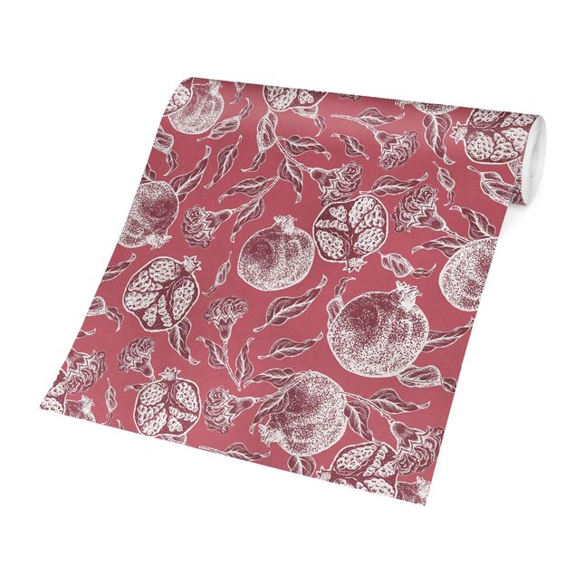 Red aesthetic wallpaper Copper Engraving Pomegranates