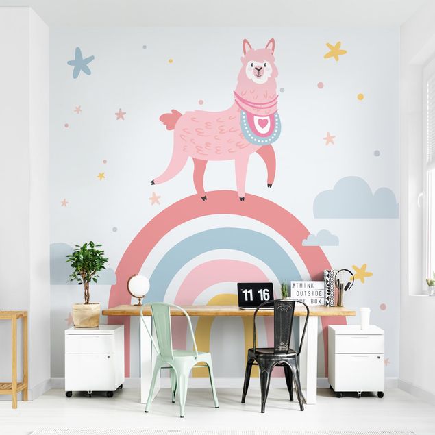Contemporary wallpaper Lama On Rainbow With Stars And Dots