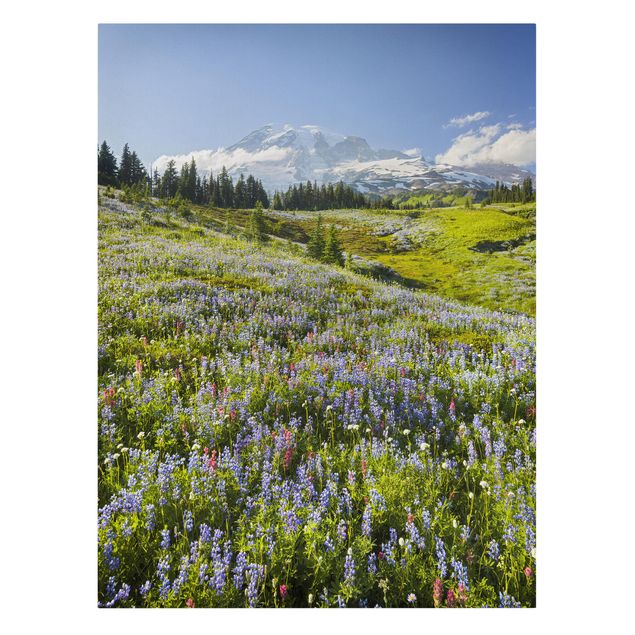 Mountain canvas wall art Mountain Meadow With Red Flowers in Front of Mt. Rainier
