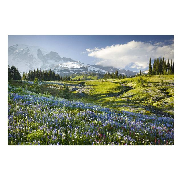 Mountain canvas wall art Mountain Meadow With Blue Flowers in Front of Mt. Rainier