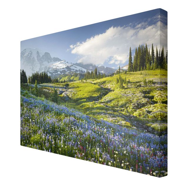 Prints floral Mountain Meadow With Blue Flowers in Front of Mt. Rainier