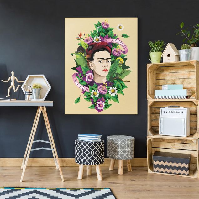 Canvas art Frida Kahlo - Frida, Äffchen und Papagei