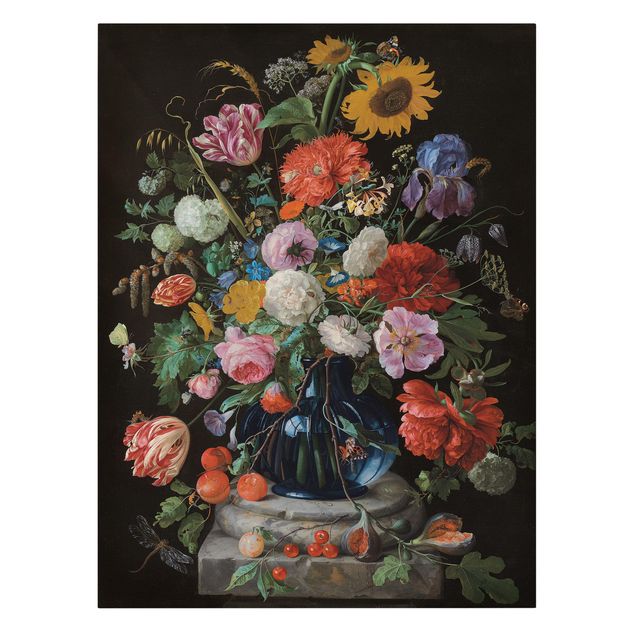 Art prints Jan Davidsz de Heem - Tulips, a Sunflower, an Iris and other Flowers in a Glass Vase on the Marble Base of a Column
