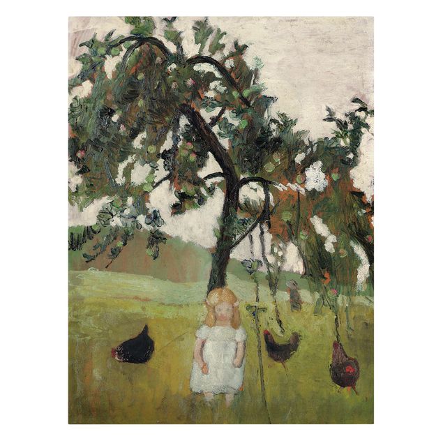 Canvas prints art print Paula Modersohn-Becker - Elsbeth with Chickens under Apple Tree