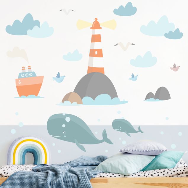 Nursery decoration Lighthouse and whales