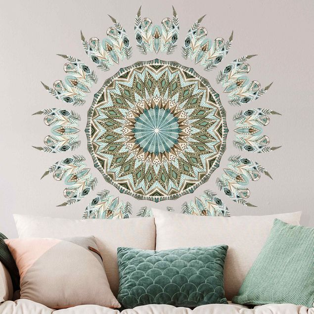 Wall stickers ornaments Mandala watercolor feathers blue green