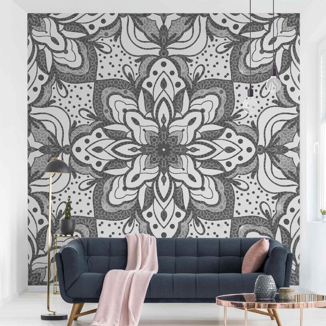 Contemporary wallpaper Mandala With Grid And Dots In Gray