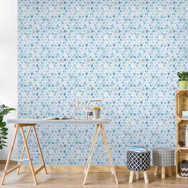 Geometric pattern wallpaper Marble Hexagons Blue Shades