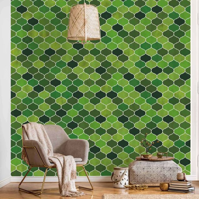 Geometric shapes wallpaper Moroccan Watercolour Pattern Green