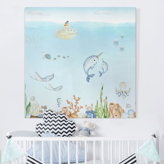 Canvas prints fishes Narwhal family with friends