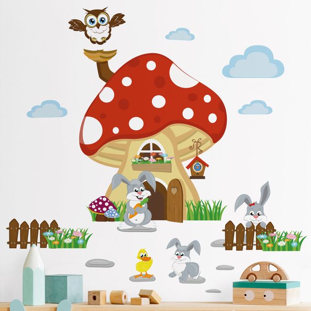 Nursery decoration No.yk32 Hasenfamilie lives in the flying mushroom
