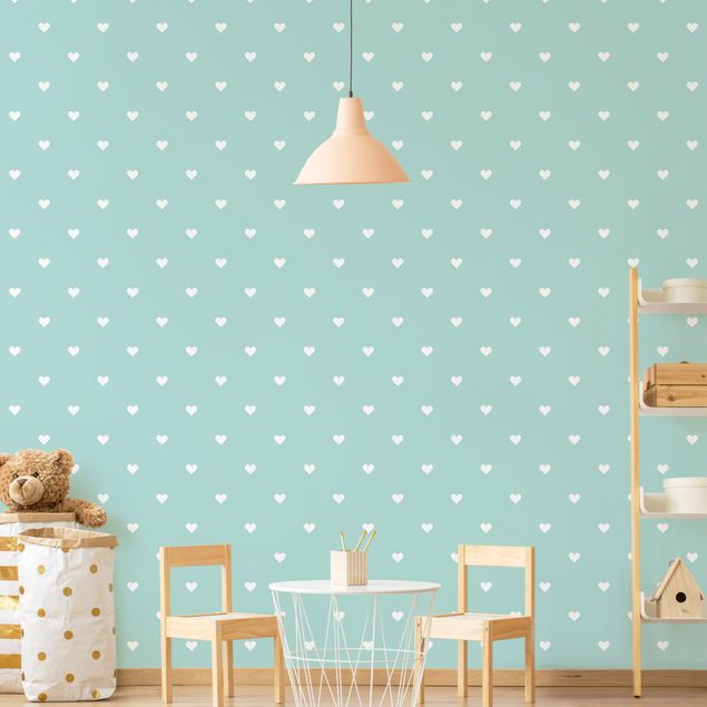 Wallpapers patterns No.YK60 White Hearts On Mint Colour