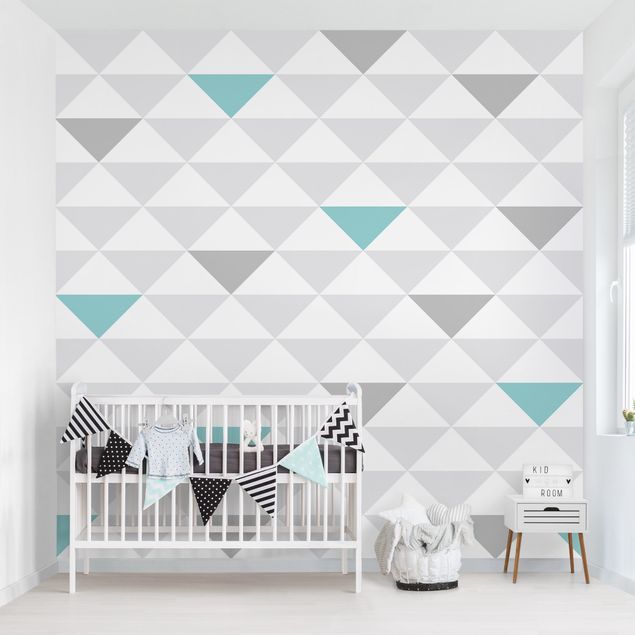 Wallpapers geometric No.YK64 Triangles Grey White Turquoise