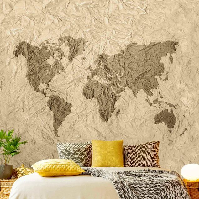 Wallpapers modern Paper World Map Beige Brown