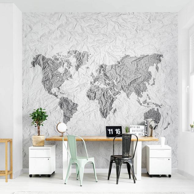 Contemporary wallpaper Paper World Map White Grey