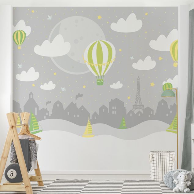 Nursery decoration Paris With Stars And Hot Air Balloon In Grey