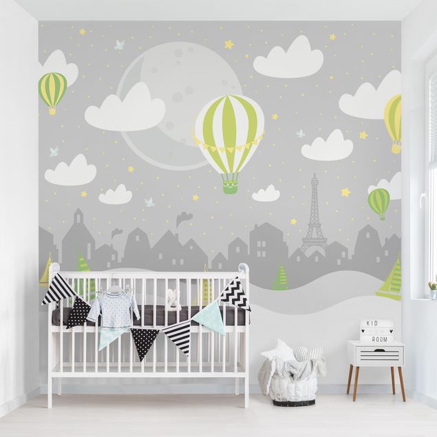Modern wallpaper designs Paris With Stars And Hot Air Balloon In Grey