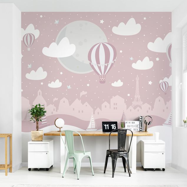 Contemporary wallpaper Paris With Stars And Hot Air Balloon In Pink