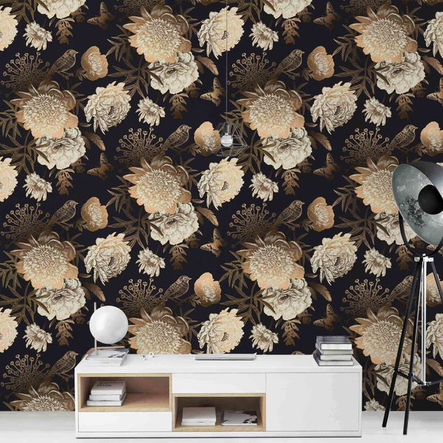 Contemporary wallpaper Peony Pattern Black Gold