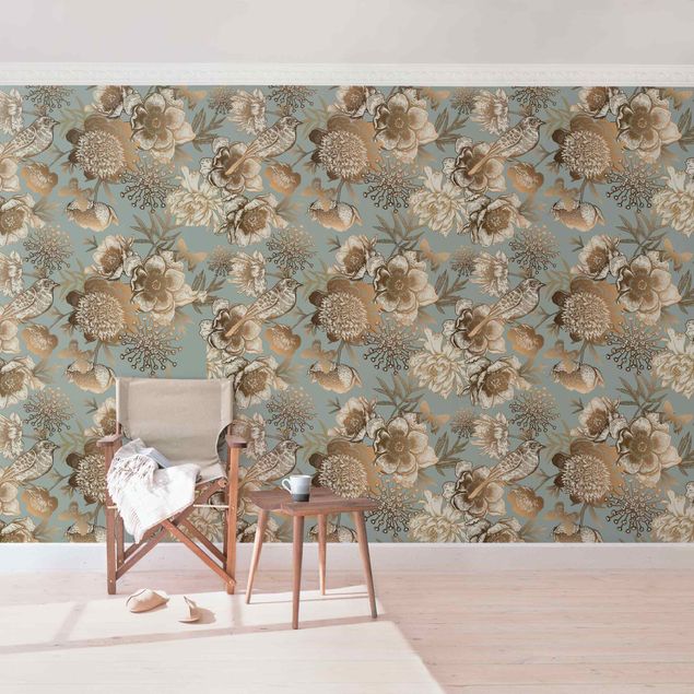 Rose flower wallpaper Peony Pattern Turquoise Gold