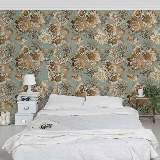 Wallpapers flower Peony Pattern Turquoise Gold