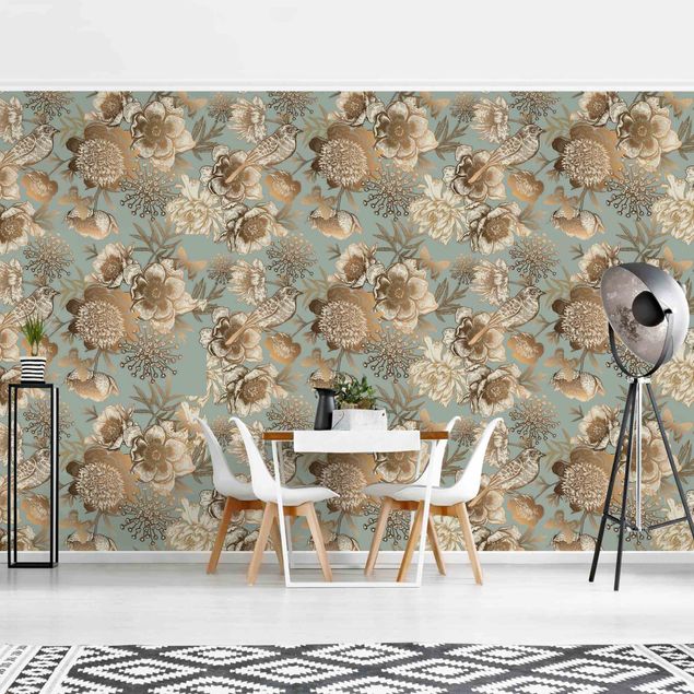 Modern wallpaper designs Peony Pattern Turquoise Gold