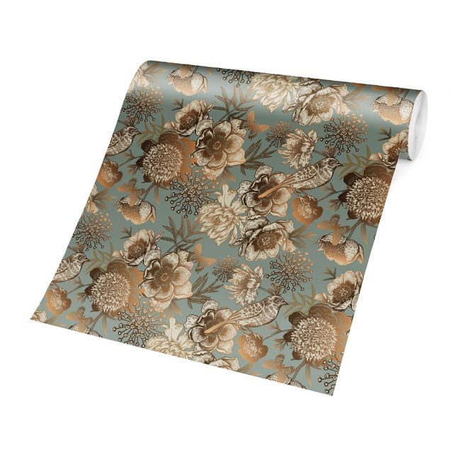 Wallpapers patterns Peony Pattern Turquoise Gold