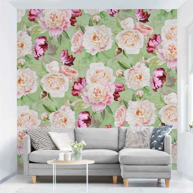 Contemporary wallpaper Peonies On Mint Green