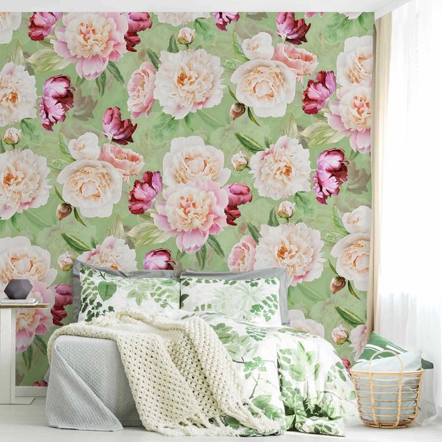 Red rose wallpaper Peonies On Mint Green