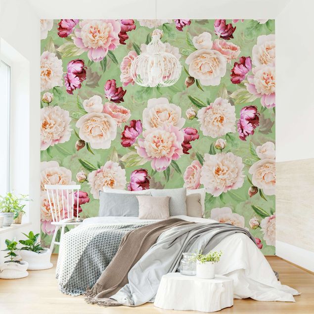 Floral wallpaper Peonies On Mint Green