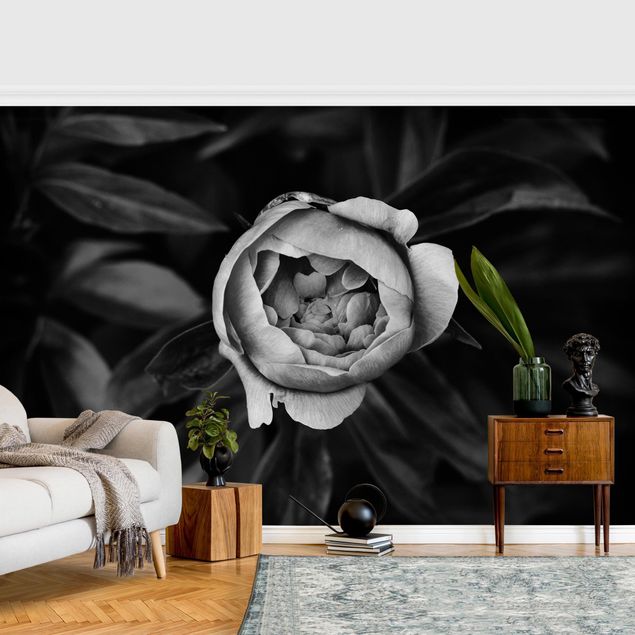 Floral wallpaper Peonies In Front Of Leaves Black And White