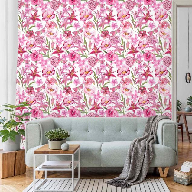 Vintage aesthetic wallpaper Pink Flowers With Butterflies