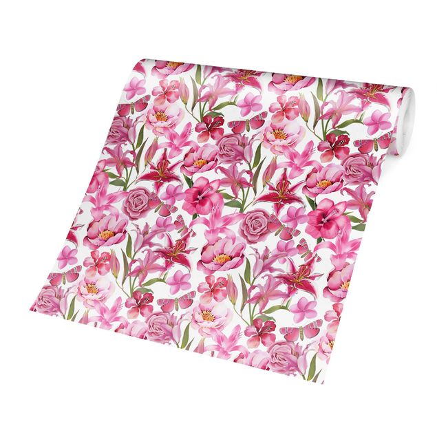 Contemporary wallpaper Pink Flowers With Butterflies