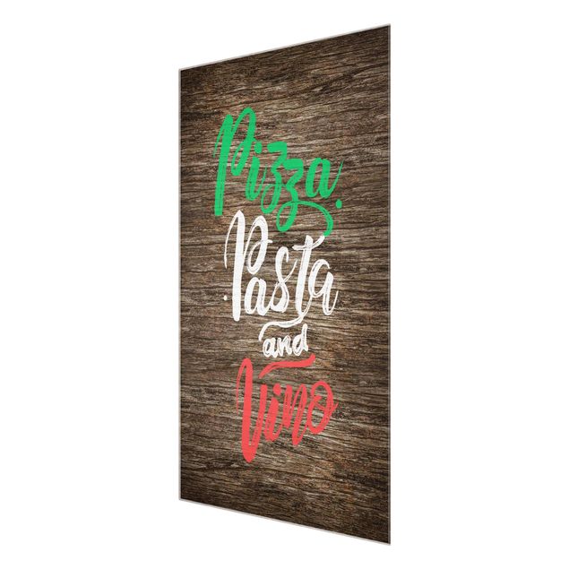 Prints Pizza Pasta and Vino On Wooden Board