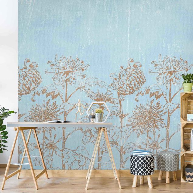 Floral wallpaper Etching In Blue