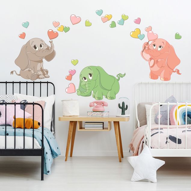 Animal print wall stickers Rainbow elephant babies with colorful hearts