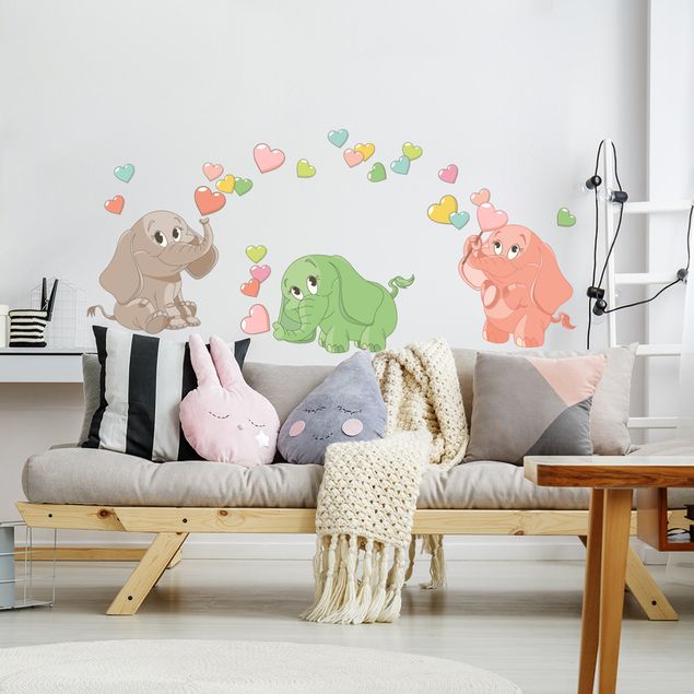 Romantic wall stickers Rainbow elephant babies with colorful hearts