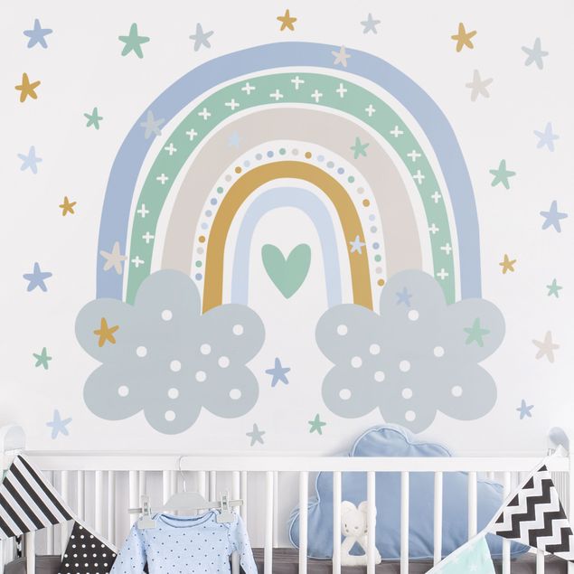 Nursery decoration Rainbow with clouds blue turquoise
