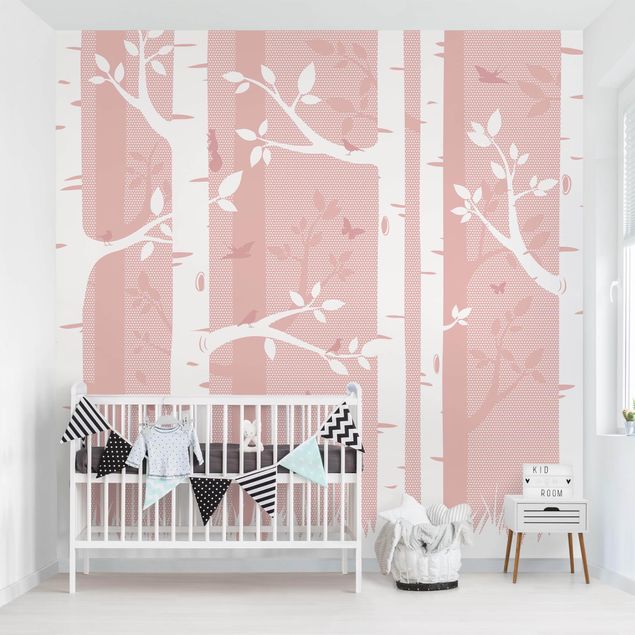 Modern wallpaper designs Pink Birch Forest With Butterflies And Birds