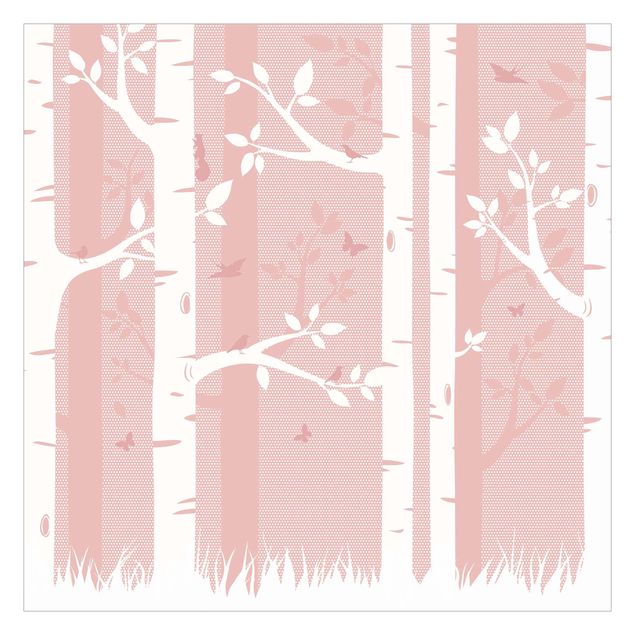 Creme wallpapers Pink Birch Forest With Butterflies And Birds