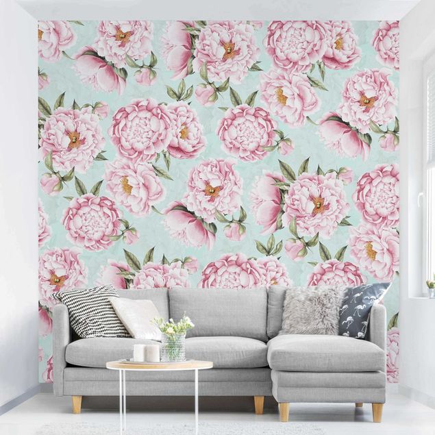Modern wallpaper designs Pink Flowers On Mint Green In Watercolour