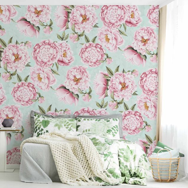 Wallpapers flower Pink Flowers On Mint Green In Watercolour