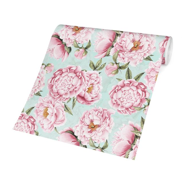 Wallpapers patterns Pink Flowers On Mint Green In Watercolour